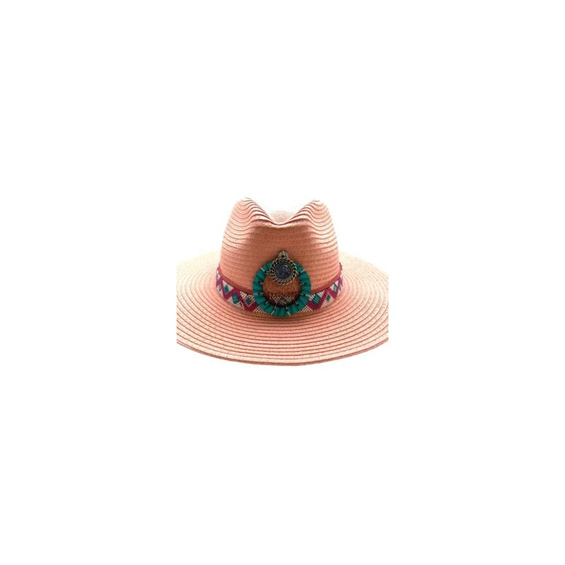 Sombrero Celulosa cinta de chaquira y madera hecho a mano pieza única color rosa