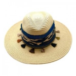 Sombrero Celulosa color paja con cinta animal print, flecos y mezclilla