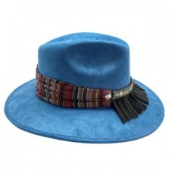 Sombrero de Gamuza AZUL con cinta rayada y piel