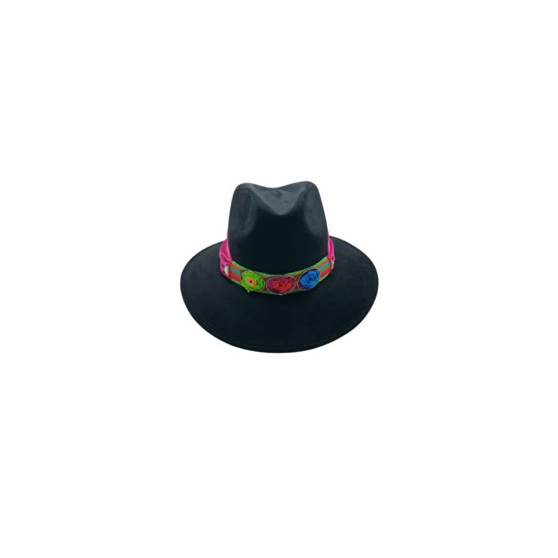 Sombrero de Gamuza color negro y banda tejida de colores con satín