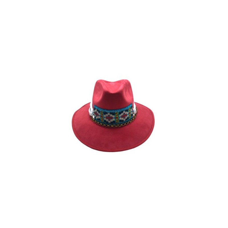 Sombrero de Gamuza color rojo con cinta de chaquira y satín plata