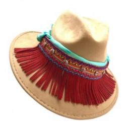Sombrero de Gamuza con tira de satín y flecos de gamuza color rojo