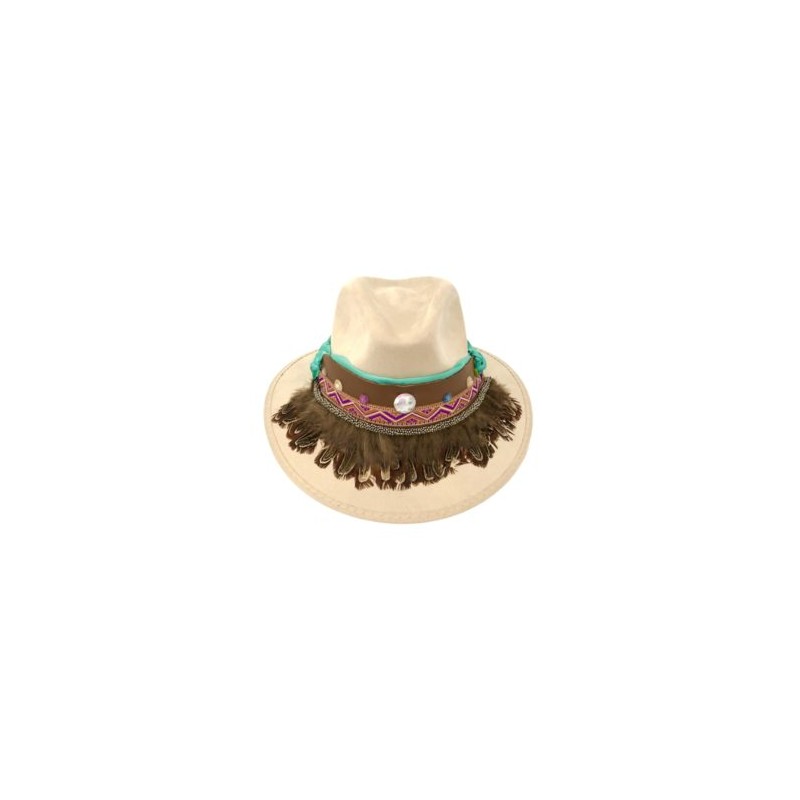 Sombrero de Gamuza con tira de satin, piel y plumas color beige