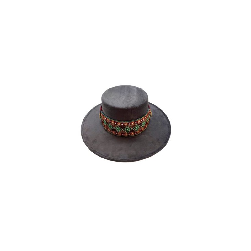 Sombrero de Gamuza gris con cinta bordada